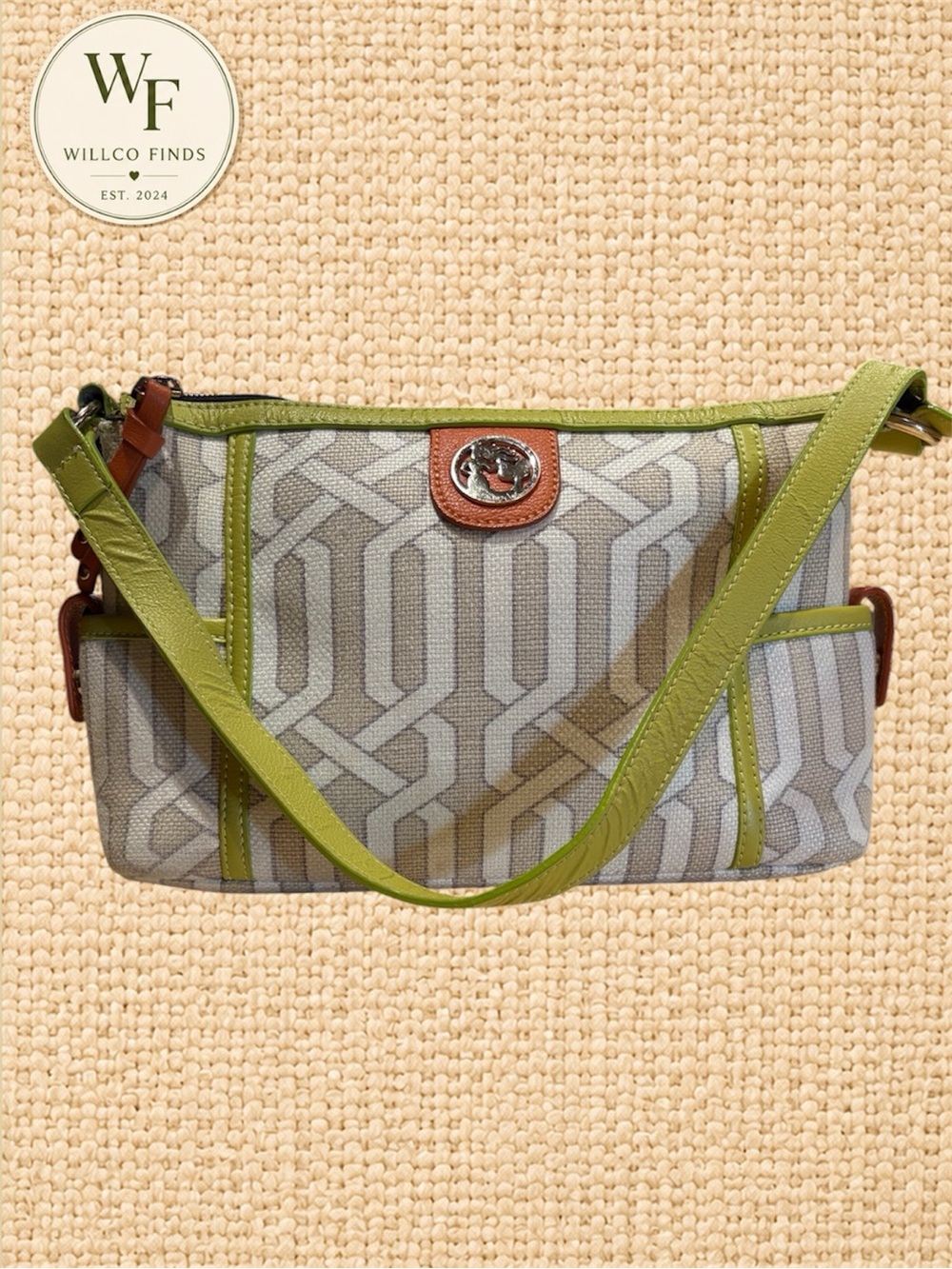 Spartina 449 Daufuskie Island Geometric Shoulder Bag Green Orange Leather Trim